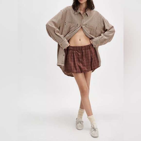 Free People Women’s Saturn Bible Plaid Brown Combo Mini Skirt Size 10 NEW - Picture 1 of 15